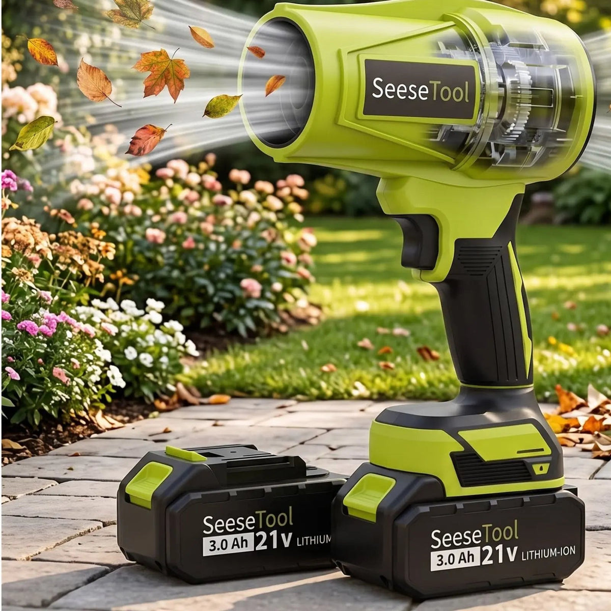 SeeseTool cordless leaf blower with 21V batteries in a garden